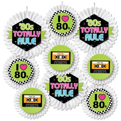 Big Dot of Happiness 80's Retro - Hanging Totally 1980s Party Tissue Decoration Kit - Paper Fans - Set of 9