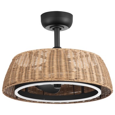 Airsurfer 20" Ceiling Fan with Remote, 6-Speed Reversible DC Motor, Quiet LED Light, Timer, Indoor Use, Stylish Rattan Lampshade Design