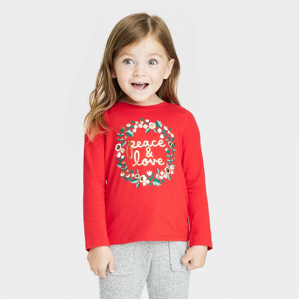 size 3T Toddler Girls' Wreath Long Sleeve Shirt - Cat & Jack red wreath 