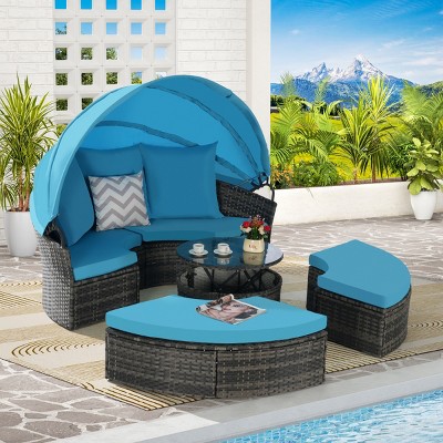 5-Piece Outdoor Wicker Patio Set with Retractable Canopy, Cushions & Storable Table for Garden or Poolside Relaxation - Coolbibila
