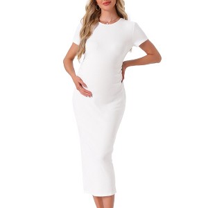 INSPIRE CHIC Women's Maternity Dress Bodycon Midi Fitted Side Ruched Ribbed Knit Short Sleeve Pregnancy Photoshoot Baby Shower Church - 1 of 4