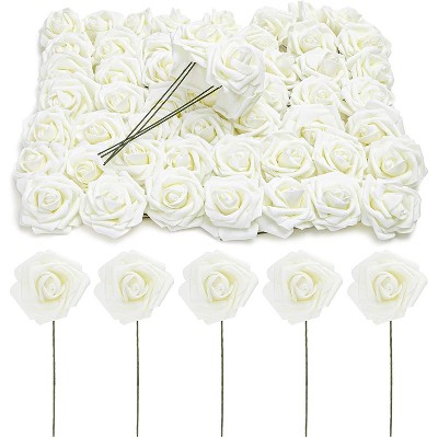 Bright Creations 60 Pack Artificial Rose Flowers Heads with Stems, White 3" Faux Fake Flowers for Party Decorations