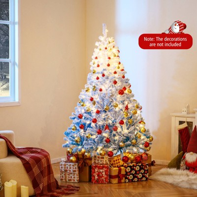 Costway 6 FT Artificial Christmas Tree with 250 Warm White LED Lights, 8 Lighting Modes & Folding Metal Stand White & Blue