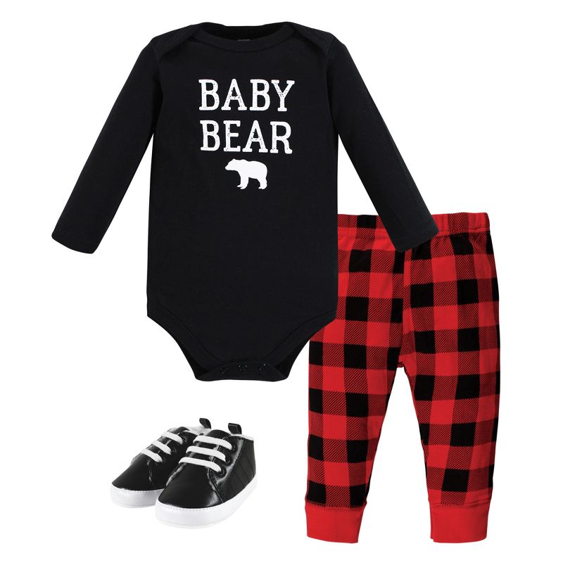 Hudson Baby Unisex Baby Cotton Bodysuit, Pant and Shoe Set, Buffalo Plaid Baby Bear, 1 of 6