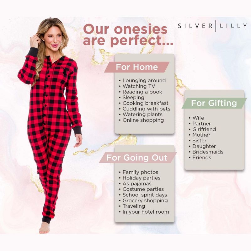 Silver Lilly Slim Fit Women's "Oh Deer" Buffalo Plaid One Piece Pajama Union Suit with Functional Panel, 6 of 8