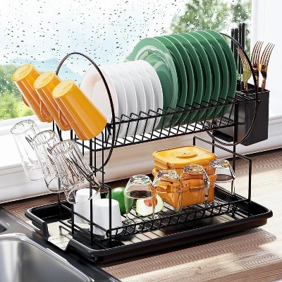 LunaLulinlk Dish Drying Rack - 2 Tier Dish Racks for Kitchen Counter, Multifunctional Dish Drainer for Kitchen Organization, Black