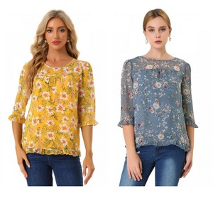 Allegra K Women's Round Neck Ruffle 3/4 Sleeve Floral Print Chiffon Blouse 2 Pcs - 1 of 4