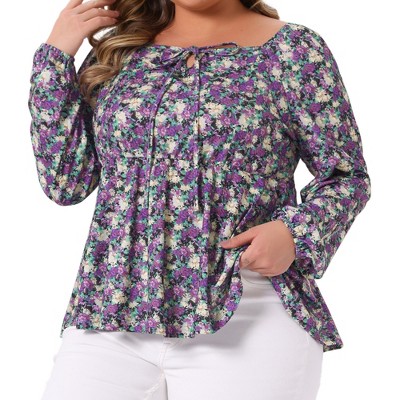 Agnes Orinda Women's Plus Size Floral Tie Keyhole Neck Long Sleeve Casual Peplum Blouse