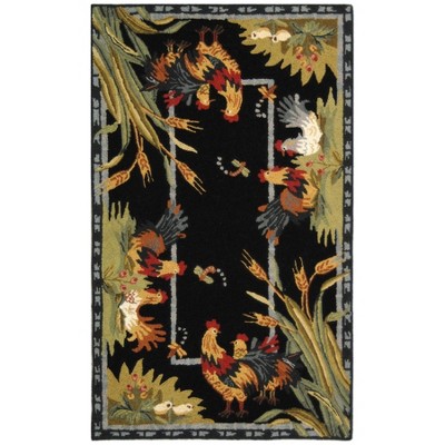 Handmade Black Wool Area Rug with Rooster Pattern