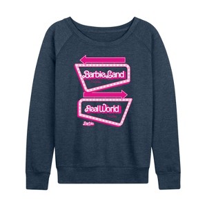 Women's - Barbie - Barbieland Real World This Way Signs Lightweight French Terry Wide Neck Long Sleeve Shirt - 1 of 4