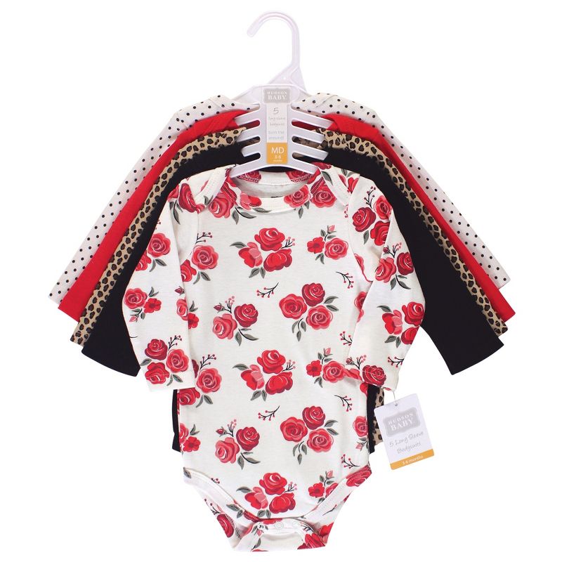 Hudson Baby Infant Girl Cotton Long-Sleeve Bodysuits 5pk, Basic Rose Leopard, 3 of 4