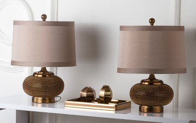 Alexis Copper Beaded Table Lamp Set with Taupe Shades