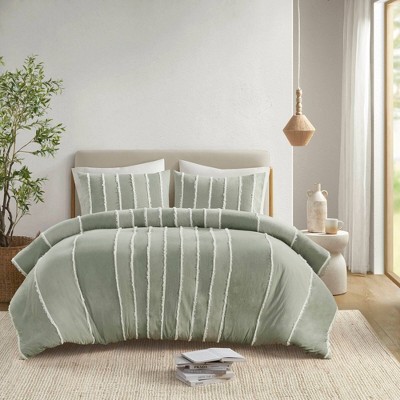 Sage Green Cotton Striped King Duvet Cover Set
