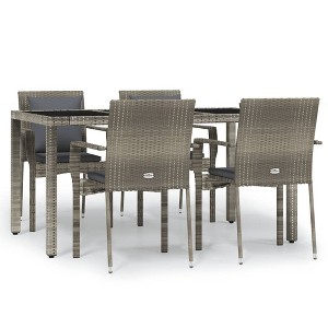 vidaXL 5 Piece Patio Dining Set with Cushions Gray Poly Rattan - 59.1" Table Length 4 Chairs - 1 of 4