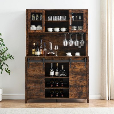 70" Farmhouse Coffee Bar Wine Cabinet with Sliding Barn Doors and Storage, Pantry Cabinet with Wine & Glasses Rack, for Kitchen, Dining Room