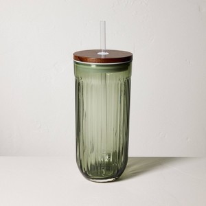 21oz Fluted Glass Tumbler with Wood Lid - Hearth & Hand™ with Magnolia - 1 of 4
