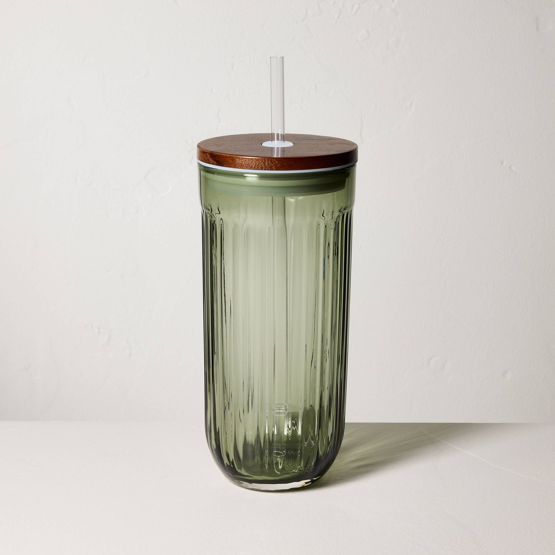 21oz Fluted Glass Tumbler with Wood Lid Green - Hearth & Hand™ with Magnolia