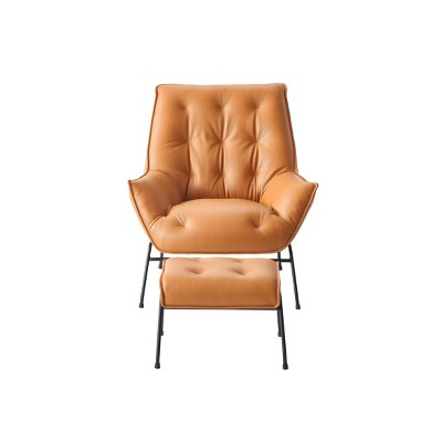 Sandstone Top Grain Leather Accent Chair with Ottoman and Metal Frame