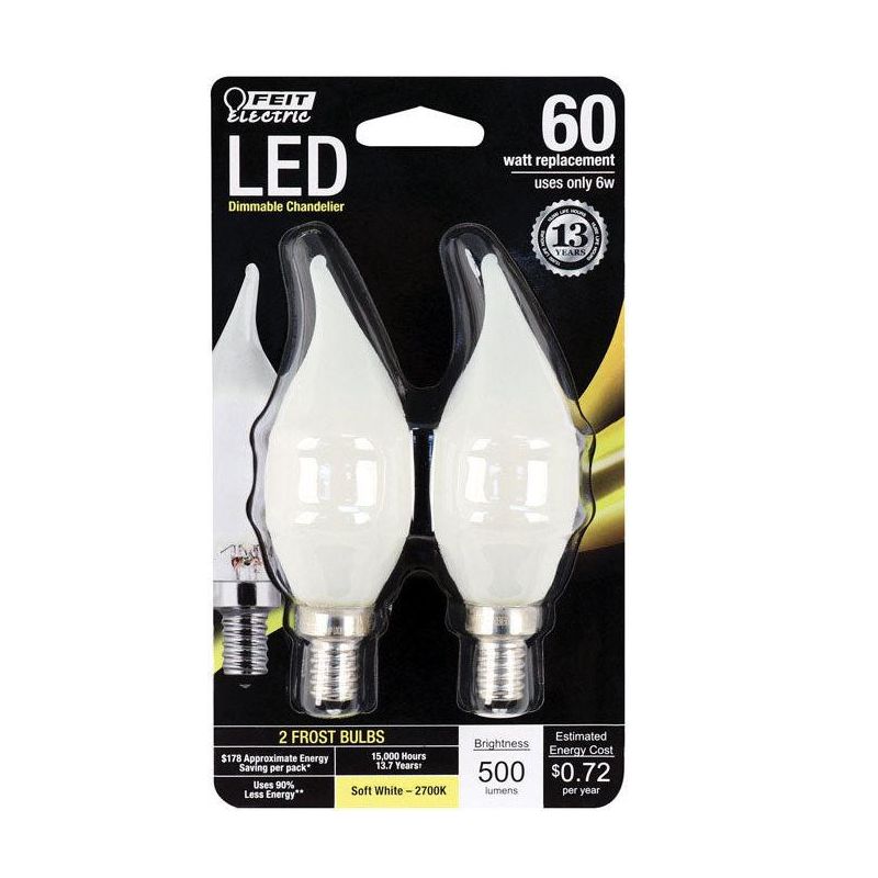 Feit Electric CA10 E12 (Candelabra) LED Bulb Soft White 60 Watt Equivalence 2 pk, 2 of 5