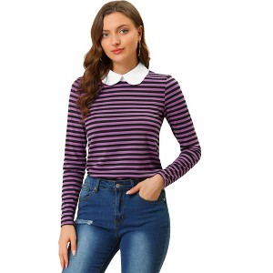 INSPIRE CHIC Women's Long Sleeves Contrast Peter Pan Collar Striped Blouse Top - 1 of 4