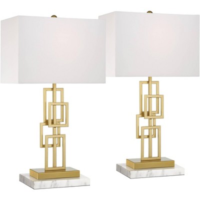 360 Lighting Gale Modern Mid Century Table Lamps Set of 2 with White Marble Risers 26" High Brushed Gold Grid White Shade for Bedroom Living Room Home