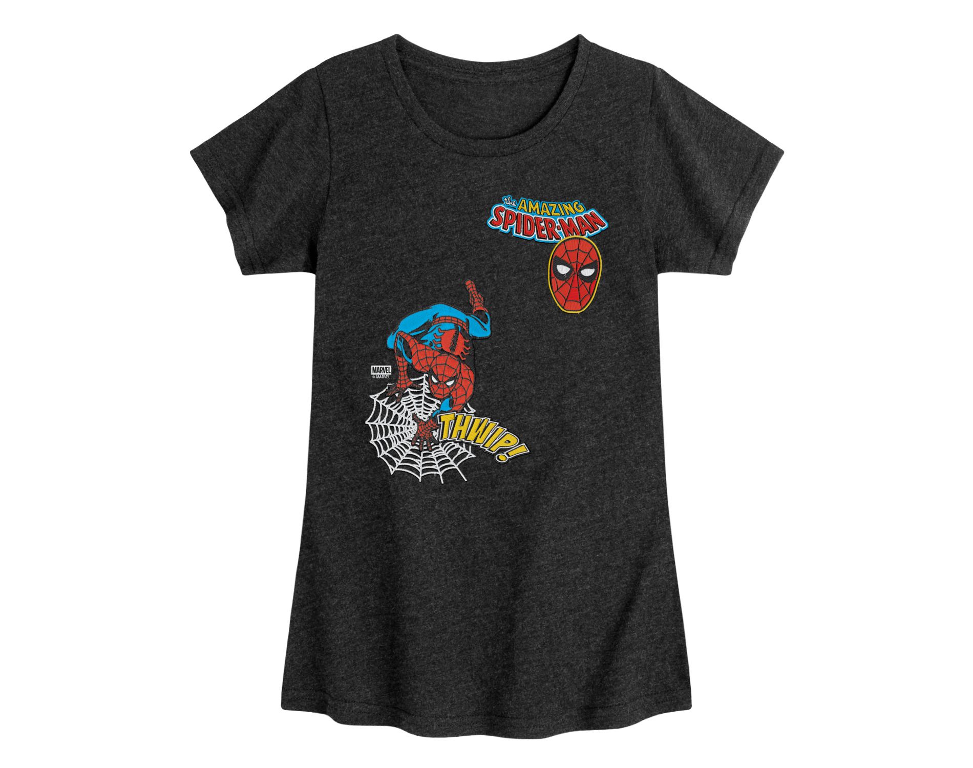 Girls' Spider-Man Spidey Thwip Faux Patch Fitted Short Sleeve Graphic T-Shirt - Heather Black - Large