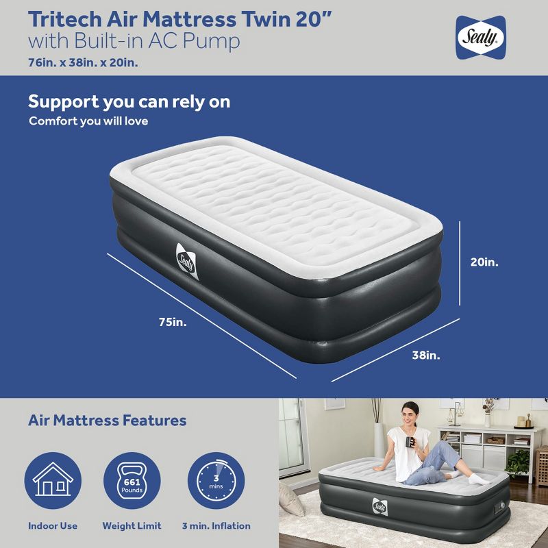 Sealy Tritech Inflatable Indoor or Outdoor Air Mattress Bed 20" Airbed with Built-In AC Pump, Storage Bag, and Repair Patch, 6 of 8