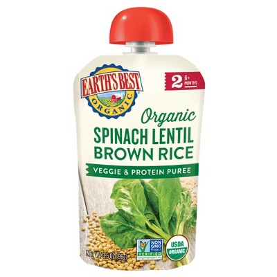 Earth's Best Organic Spinach Lentil Brown Rice Baby Food Pouch - 3.5oz