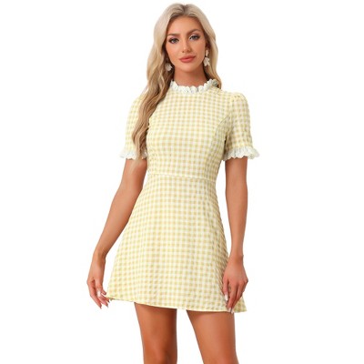 Allegra K Women's Summer Ruffle Neck Lace Panel Short Sleeve Check Gingham Dress