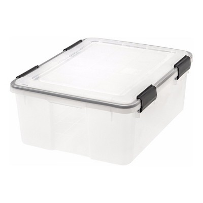 IRIS USA 110400 30.6 Quart Clear Plastic Weathertight Plastic Stacking Storage Container Box with Four Heavy-Duty Buckles for Office, Single Tote