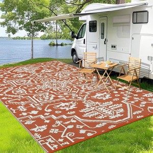Large Waterproof Outdoor Rug, Reversible Vintage Plastic Straw Patio Mat, Stain-Resistant RV Carpet for Deck, Camping, Balcony, Orange+White 9*18ft - 1 of 4
