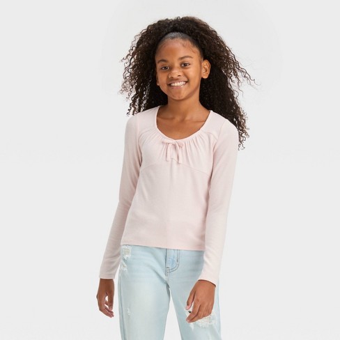 - : Tie-front Class™ Xxl T-shirt Art Girls\' Target Long Sleeve Knit Rose Pink