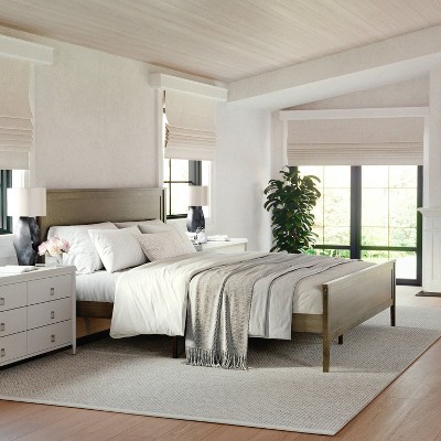 Brown Gray King Upholstered Wood Platform Bed with Headboard and Drawer