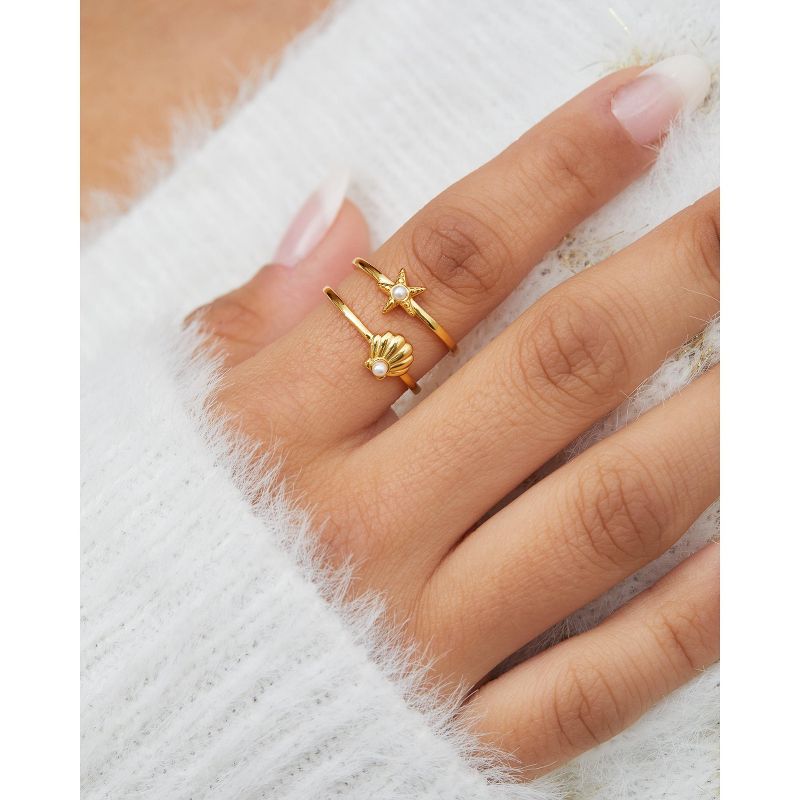 Disney The Little Mermaid 18K Gold Plated Sterling Silver Stackable Ring Set, Starfish and Seashell Pearl - Size 7, 2 of 7