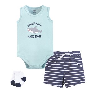 Hudson Baby Infant Boys Bodysuit, Short and Sock, Handsome Shark - 1 of 4