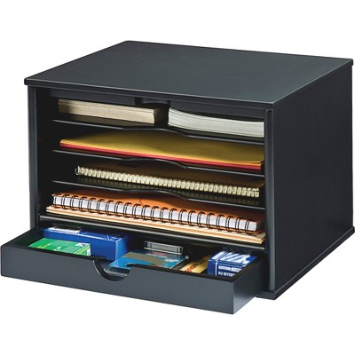 Midnight Black Wood Desktop Organizer with Drawer
