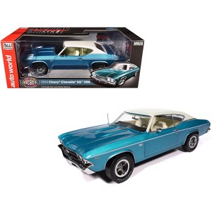 1969 Chevrolet Chevelle SS 396 Azure Turquoise Metallic w/White, White Vinyl Top & Interior 1/18 Diecast Model Car by Auto World - 1 of 4