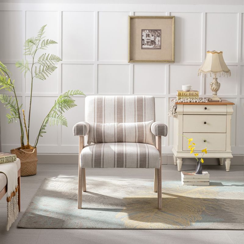Megan 27.56" Wide Striped Upholstered Seat and Lumbar Pillow With Oak "V" Shape Solid Wood Legs Accent Chair With Arm Pads-The Pop Maison, 1 of 10