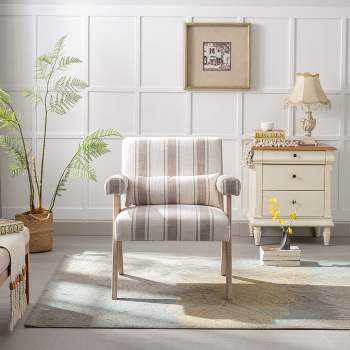 Megan 27.56" Wide Striped Upholstered Seat and Lumbar Pillow With Oak "V" Shape Solid Wood Legs Accent Chair With Arm Pads-The Pop Maison