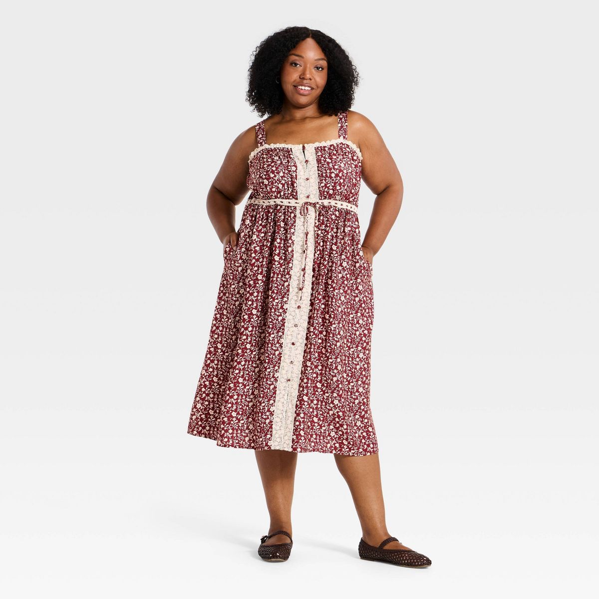 Women's Sleeveless Button Up Tie Waist Square Neck Lace Trim Midi Dress - Ava & Viv™