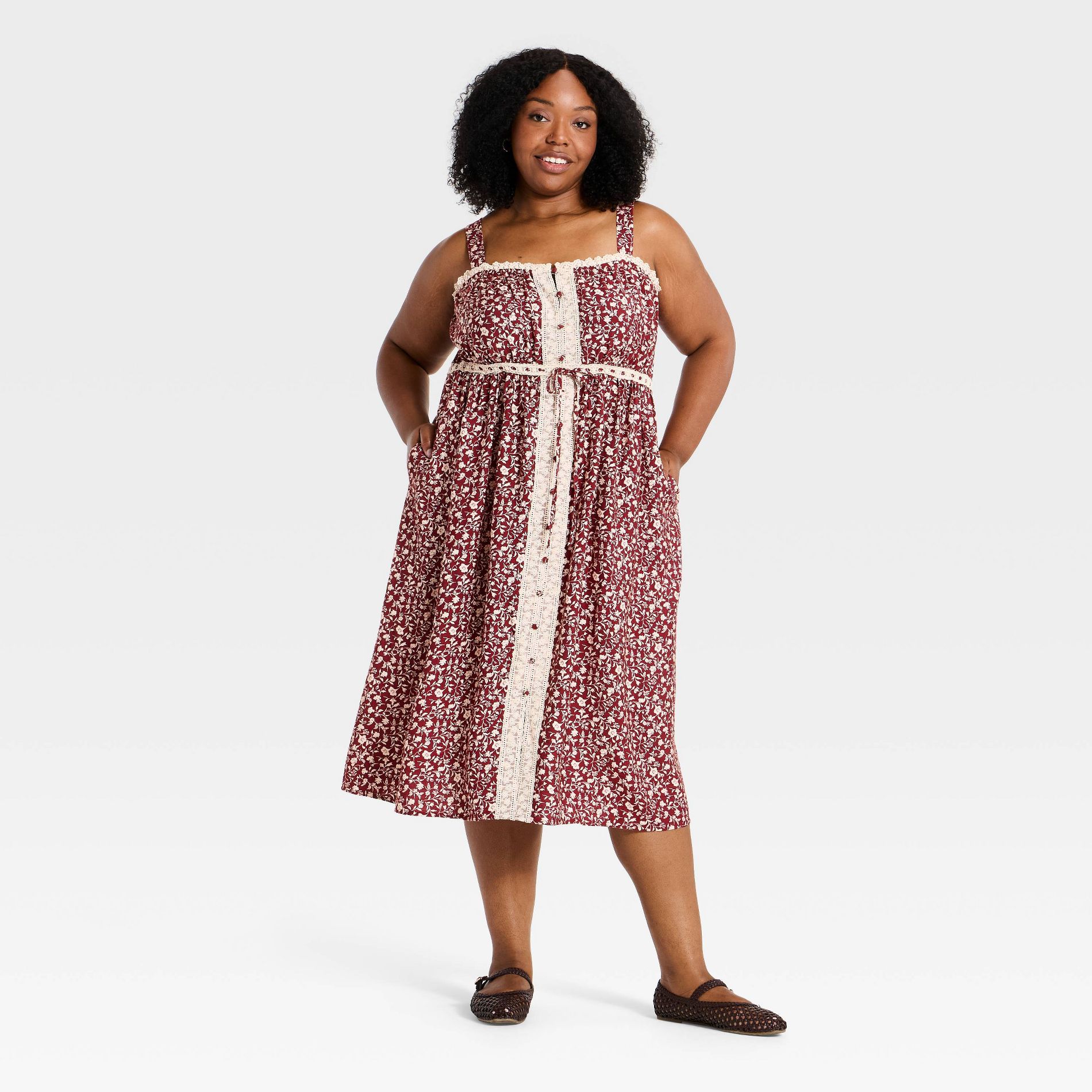 Women's Sleeveless Button Up Tie Waist Square Neck Lace Trim Midi Dress - Ava & Viv™