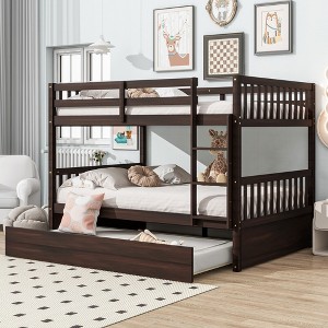 TIRAMISUBEST Full Over Full Size Bunk Bed with Twin Size Trundle, Rubber Wood Bunk Bedframe with Ladder & Guardrails, Convertible to 2 Full Size Beds - 1 of 4