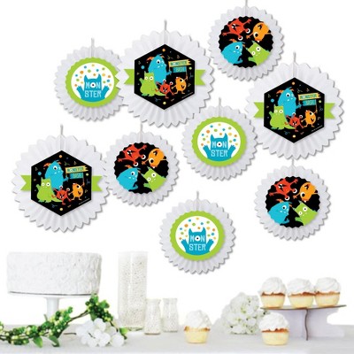 Big Dot of Happiness Monster Bash - Hanging Little Monster Birthday Party or Baby Shower Tissue Decoration Kit - Paper Fans - Set of 9