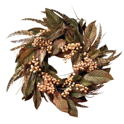 Nearly Natural 24-in Feather and Berry Wreath