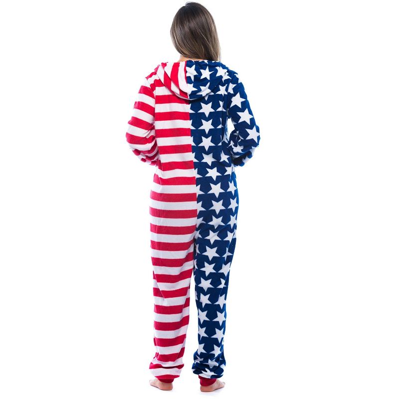 #followme Womens One Piece American Flag Adult Onesie Hooded Pajamas - Red, White, & Blue, 3 of 5