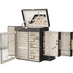 Jewelry Box with Mirror and Glass Window, Black Vertical Travel Organizer for Earrings, Rings, Necklaces, Christmas Gift - 1 of 4