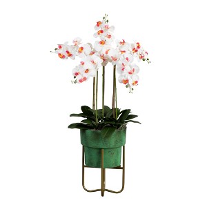 Nearly Natural 43-in Artificial Orchid Arrangement in Patina Metal Planter with Stand - 1 of 4