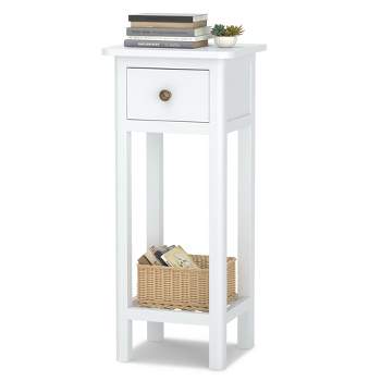 Tangkula Narrow Side Table Small End Table for Small Spaces Farmhouse Acacia Wood Slim Sofa Table Thin Nightstand w/Drawer & Open Shelf White