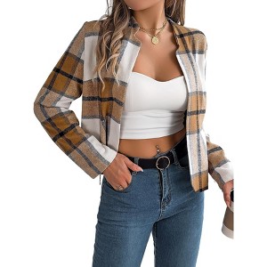 Women's  Flannel Plaid Cropped Shacket Jacket Fashion Blazers Shirt Coat Tops - 1 of 4