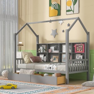 Wooden Platform House Bed with Trundle and Shelf-ModernLuxe - 1 of 4